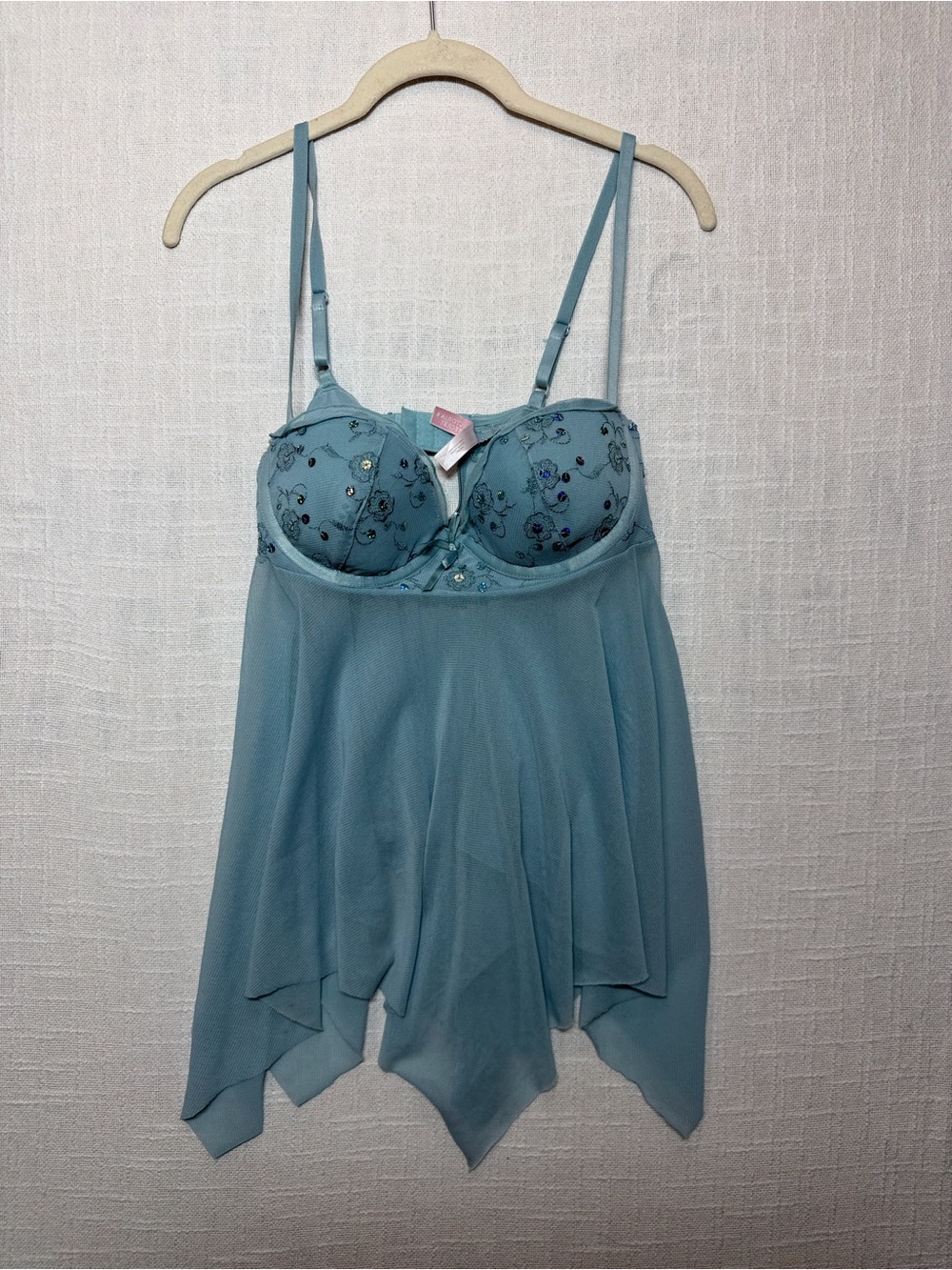 Victoria Secret Y2K 36C Baby Blue Embroidered Chiffon Babydoll Lingerie
